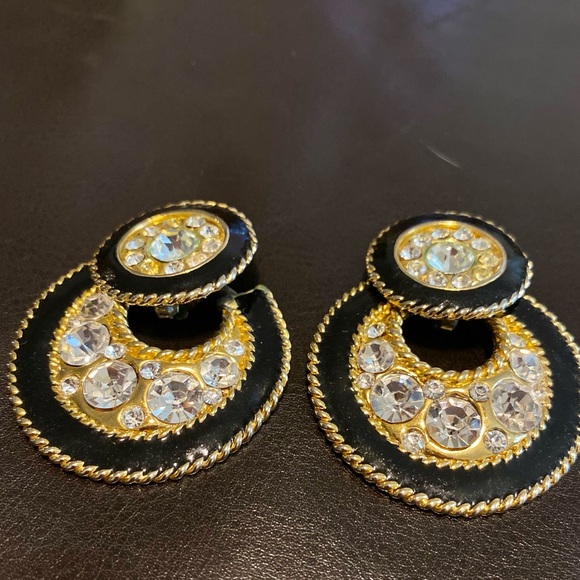 Clip On Black and Gold Earrings with Faux Diamonds - Picture 1 of 5